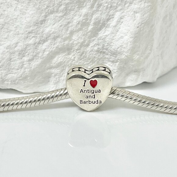 Pandora I LOVE Antigua and Barbuda S925 Silver Heart Bead Charm - Picture 3 of 3